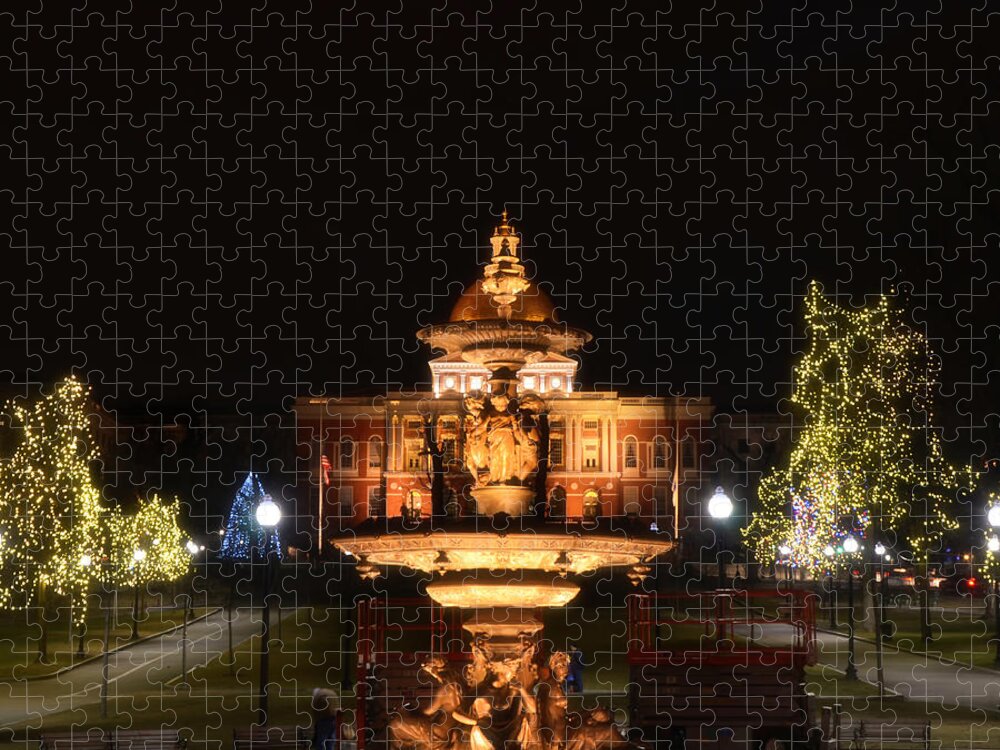 Massachusetts State House Jigsaw Puzzle featuring the photograph Brewer Fountain and The State House 2 - Boston by Joann Vitali