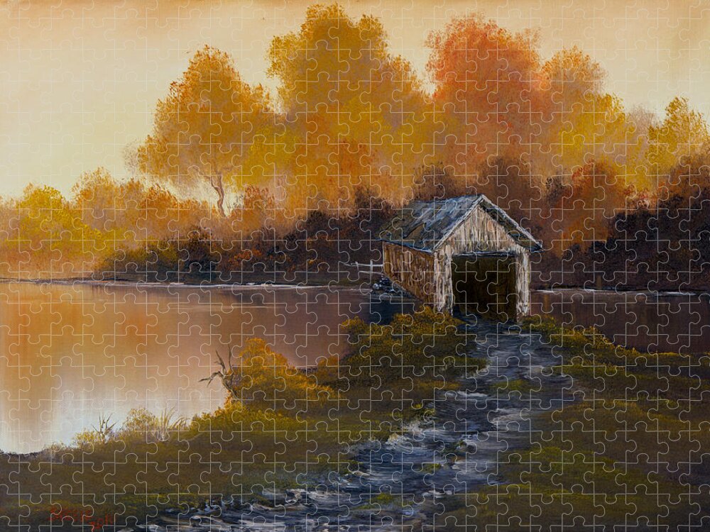 Landscape Jigsaw Puzzle featuring the painting Covered Bridge in Fall by Chris Steele