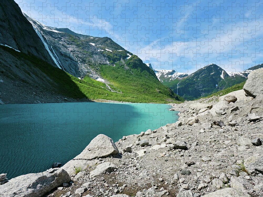 Scenics Jigsaw Puzzle featuring the photograph Briksdal Glacier Lake, Norway by Rusm