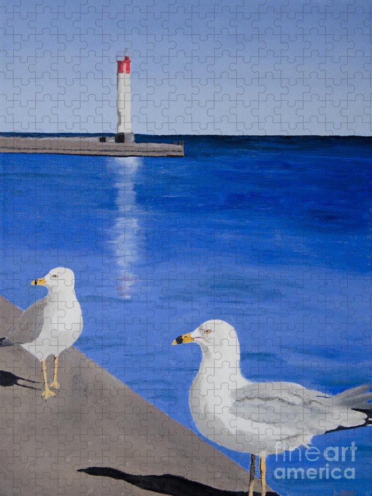 Bronte Jigsaw Puzzle featuring the painting Bronte Lighthouse Gulls in Oil by Laurel Best