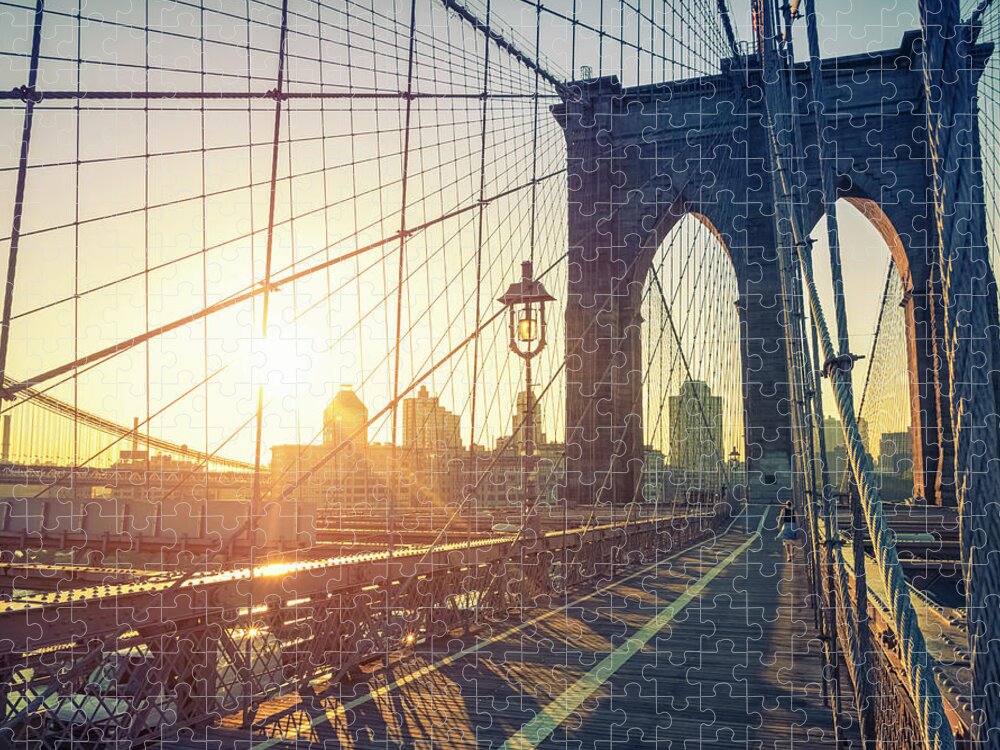 Dawn Jigsaw Puzzle featuring the photograph Brooklyn Bridge And New York Skyline At by Cirano83