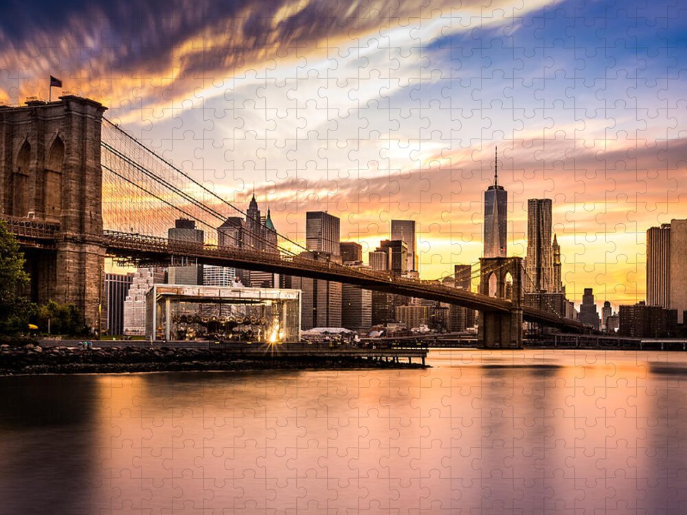 America Jigsaw Puzzle featuring the photograph Brooklyn Bridge at sunset by Mihai Andritoiu