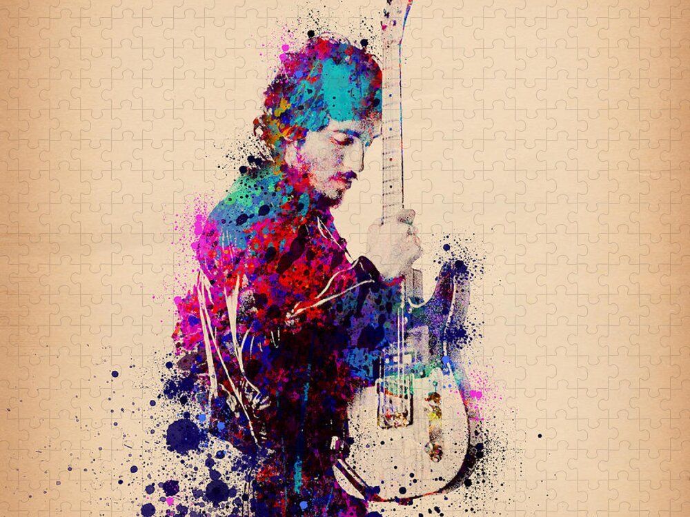 Music Jigsaw Puzzle featuring the painting Bruce Springsteen Splats And Guitar by Bekim M