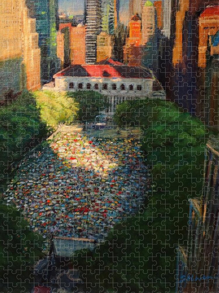 Landscape Jigsaw Puzzle featuring the painting Bryant Park - Movie Night - The Crowd Gathers by Peter Salwen
