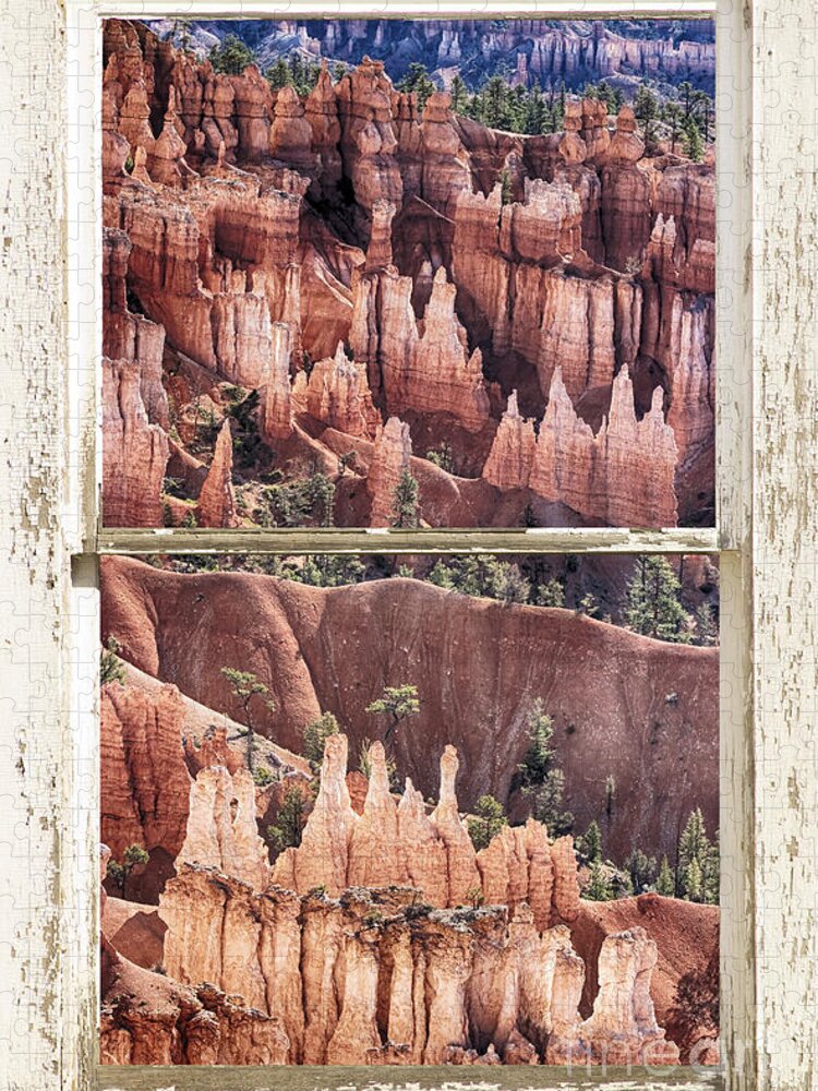 Windows Jigsaw Puzzle featuring the photograph Bryce Canyon Utah View Through A White Rustic Window Frame by James BO Insogna