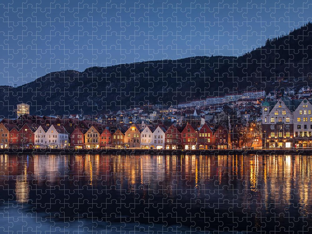 Tranquility Jigsaw Puzzle featuring the photograph Bryggen In Bergen In Blue Hour by Anna A. Krømcke