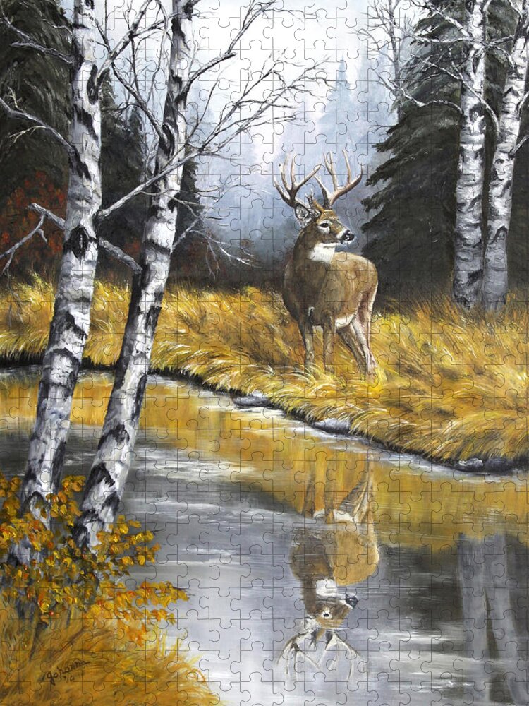 North American Wildlife Buck Jigsaw Puzzle featuring the painting Buck Reflection by Johanna Lerwick