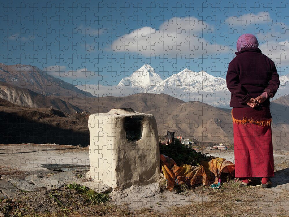 Chinese Culture Jigsaw Puzzle featuring the photograph Budhist Monk Looking At Dhaulagiri by Diamirstudio