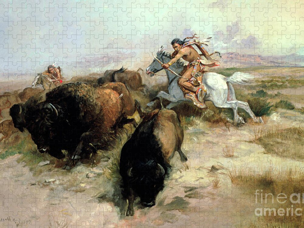 Buffalo Jigsaw Puzzle featuring the painting Buffalo Hunt by Charles Marion Russell