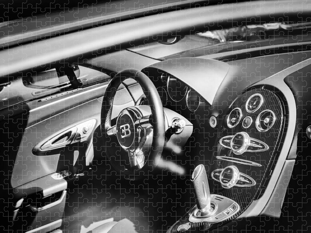 Bugatti Veyron Legend Steering Wheel Jigsaw Puzzle featuring the photograph Bugatti Veyron Legend Steering Wheel -0484bw by Jill Reger
