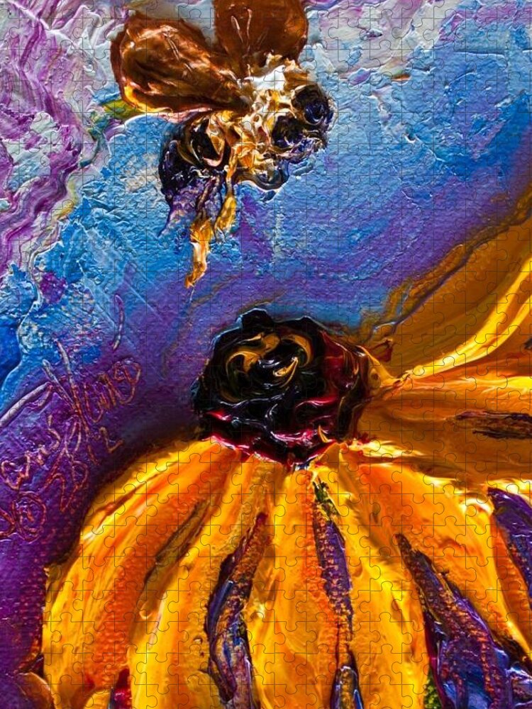 Bumble Bee Jigsaw Puzzle featuring the painting Bee and Yellow Flower by Paris Wyatt Llanso