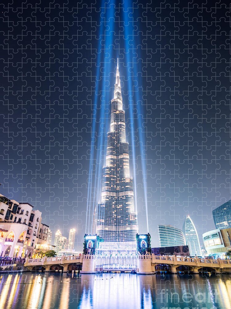Dubai Jigsaw Puzzle featuring the photograph Burj Khalifa with light beams - Dubai - UAE by Matteo Colombo