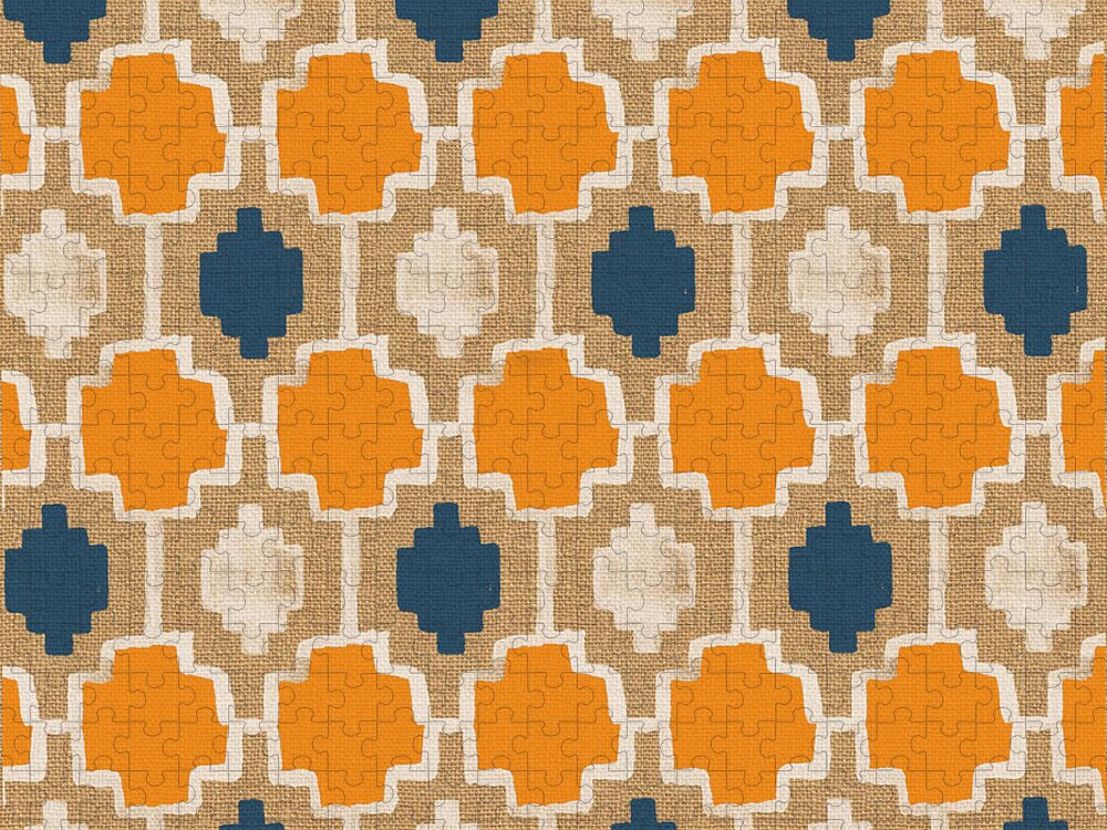Abstract Pattern Jigsaw Puzzle featuring the painting Burlap Blue and Orange design by Linda Woods