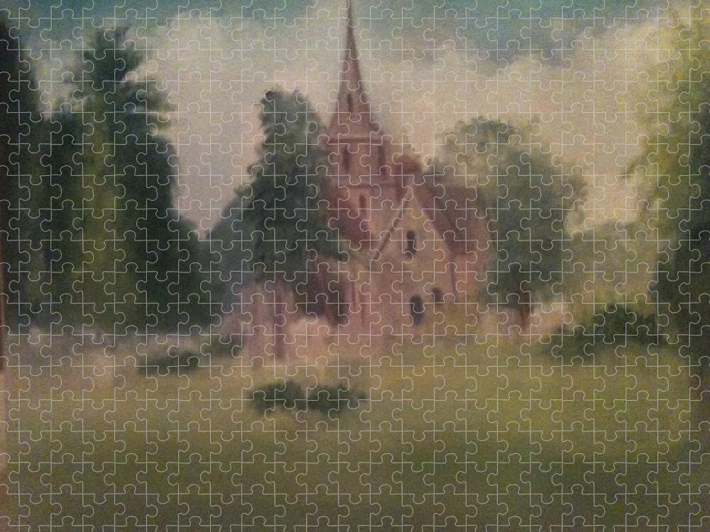 Church Jigsaw Puzzle featuring the painting Burlington NJ Church by Sheila Mashaw