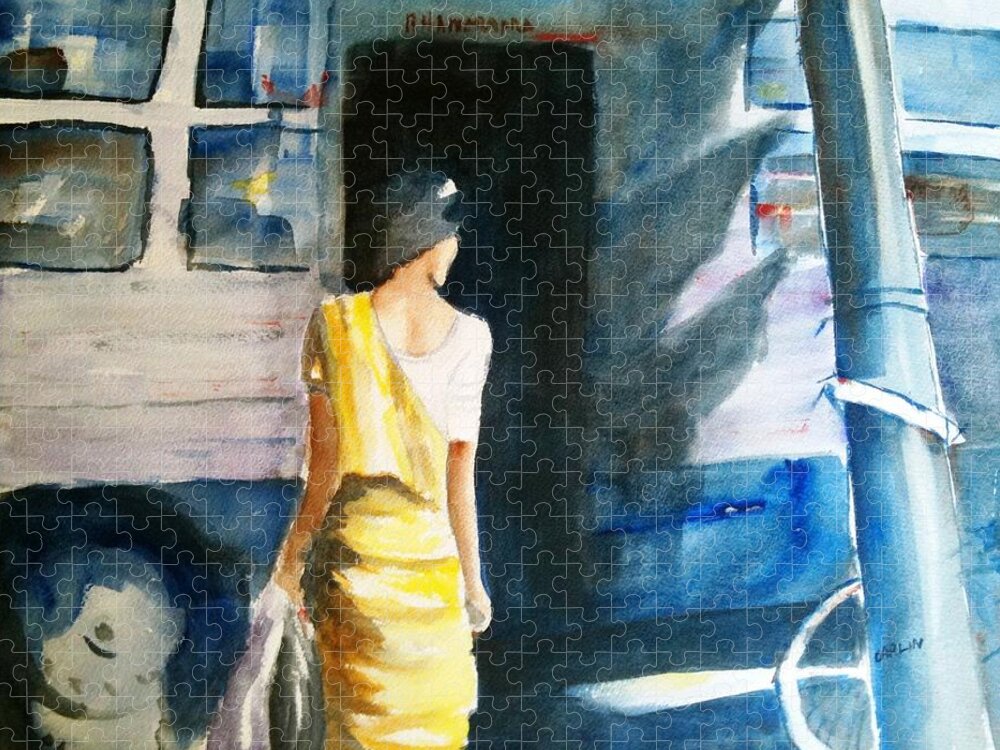 Woman Jigsaw Puzzle featuring the painting Bus Stop - Woman Boarding the Bus by Carlin Blahnik CarlinArtWatercolor