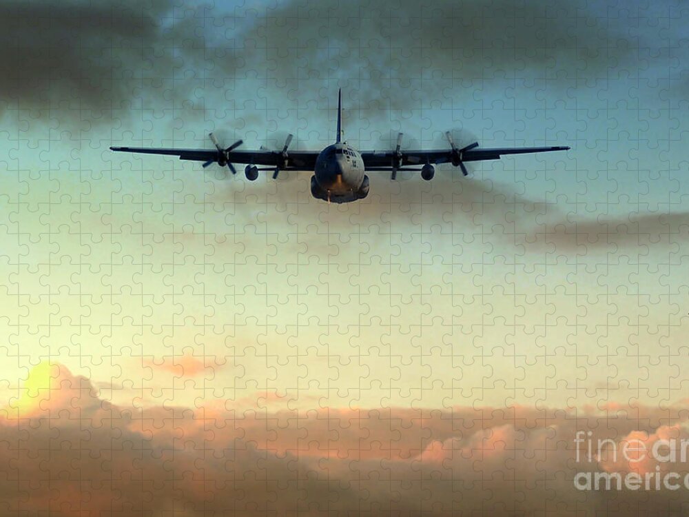 C130 Jigsaw Puzzle featuring the digital art C-130E Inbound by Airpower Art