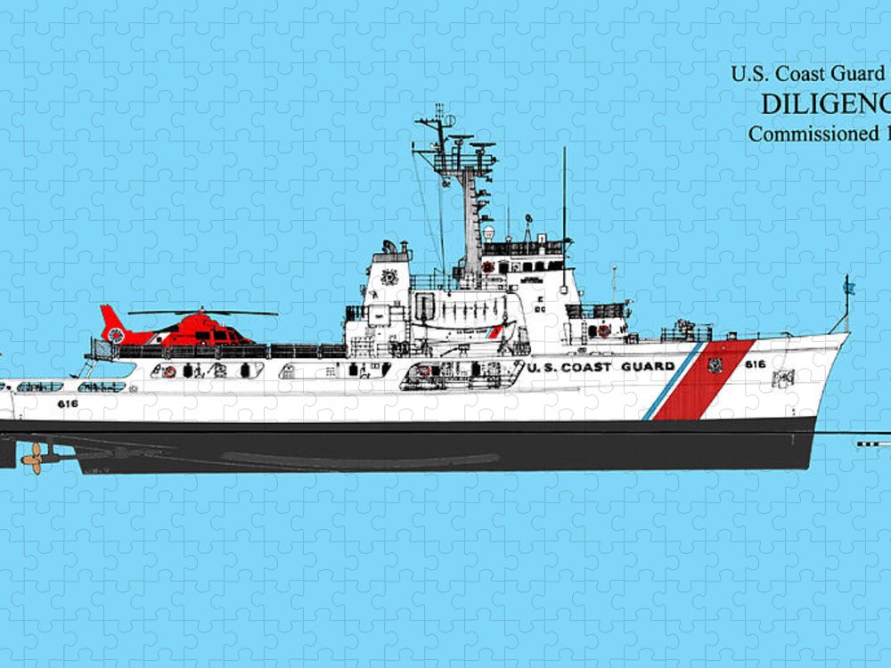 Coast Guard Cutter Jigsaw Puzzle featuring the drawing C G C Diligence - Color by Jerry McElroy