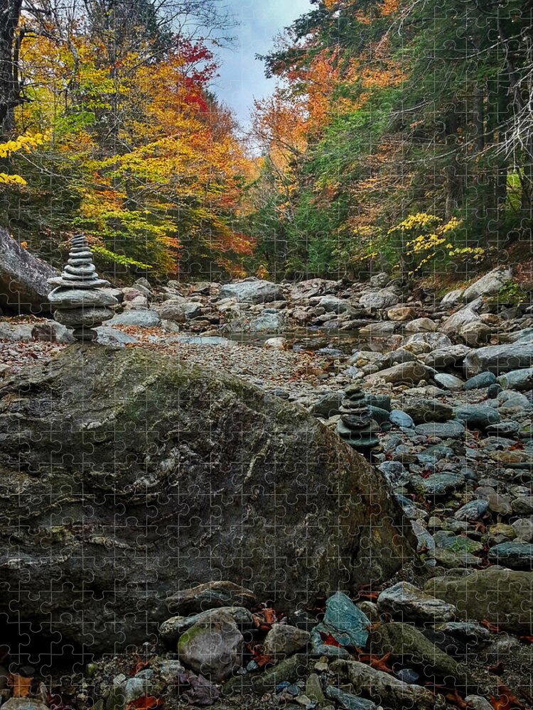 Autumn Foliage New England Jigsaw Puzzle featuring the photograph Cairn amid Vermont fall colors by Jeff Folger