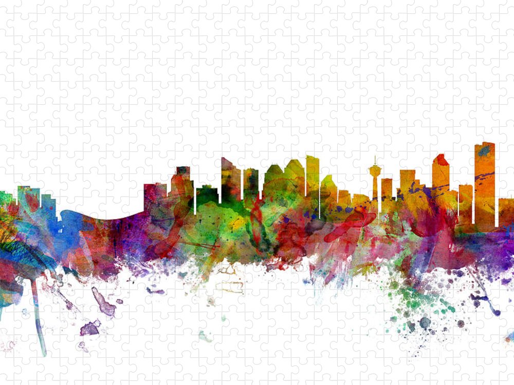 City Skyline Jigsaw Puzzle featuring the digital art Calgary Canada Skyline by Michael Tompsett