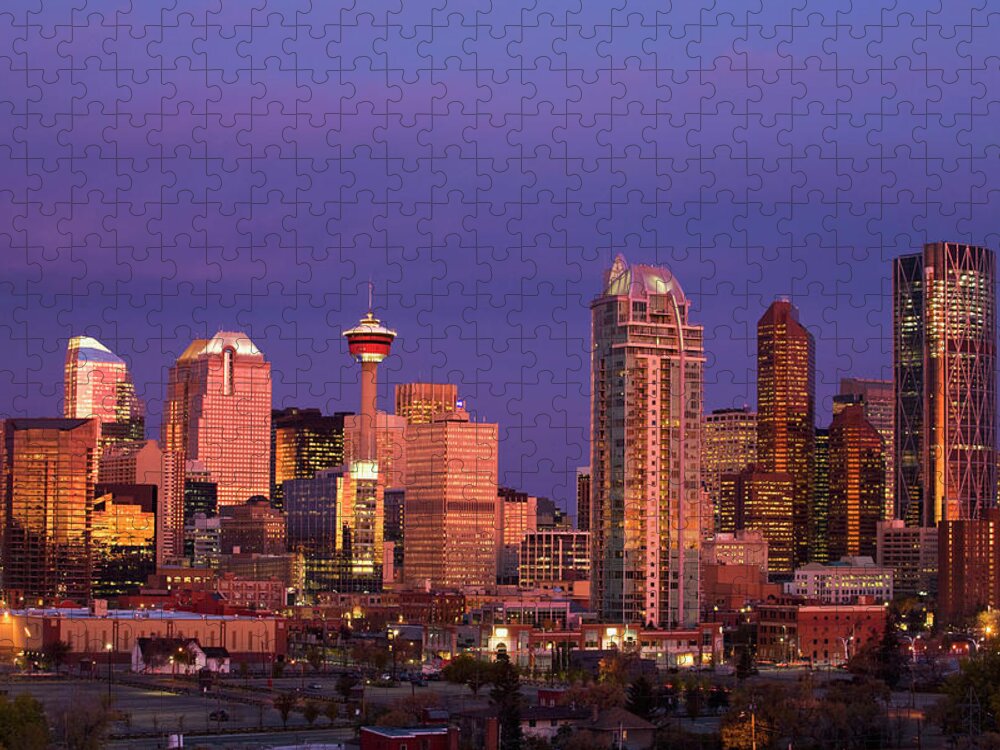 Dawn Jigsaw Puzzle featuring the photograph Calgary Skyline At Dawn With City by Michael Interisano / Design Pics