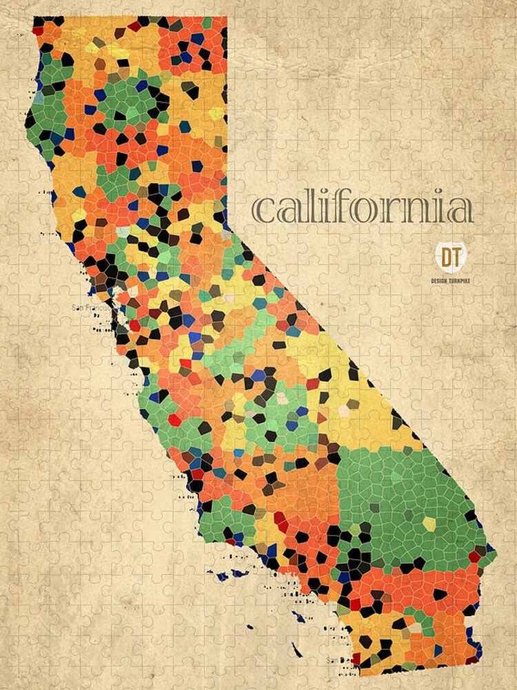 California Jigsaw Puzzle featuring the mixed media California Map Crystalized Counties on Worn Canvas by Design Turnpike by Design Turnpike