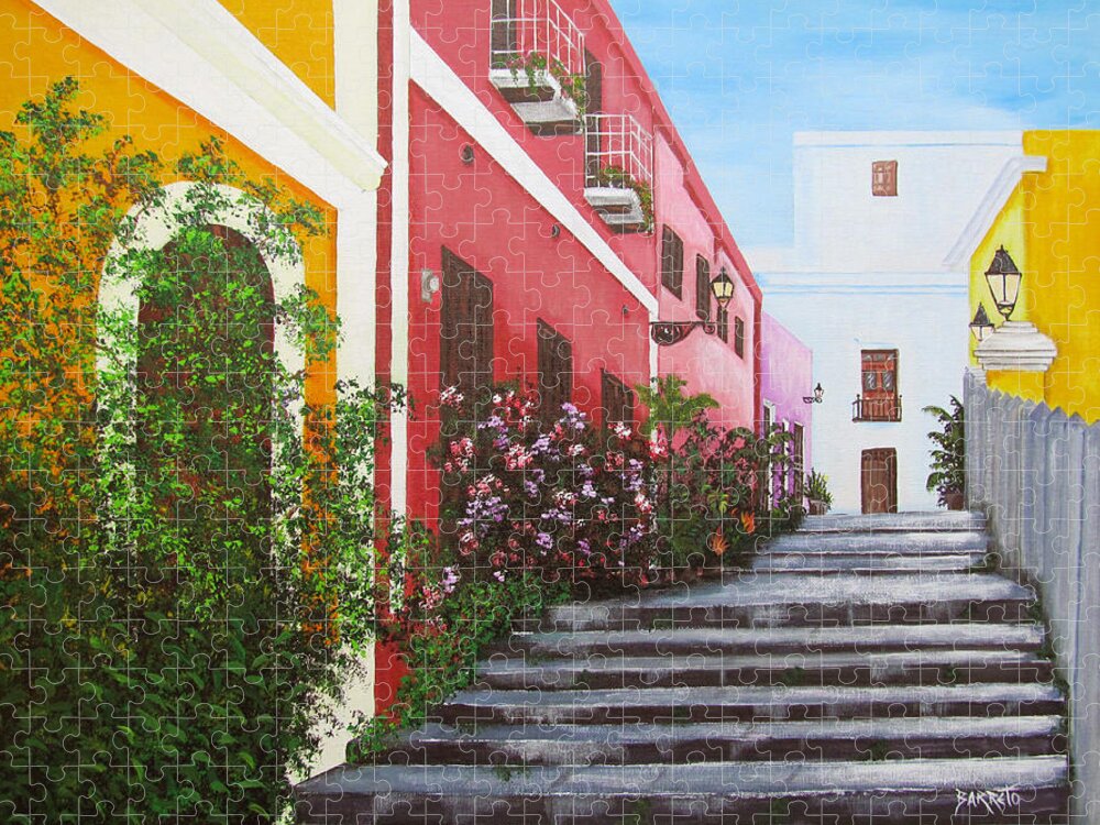 Puerto Rico Jigsaw Puzzle featuring the painting Callejon En El Viejo San Juan by Gloria E Barreto-Rodriguez