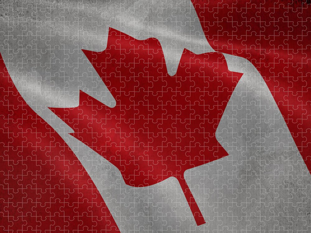 Textile Jigsaw Puzzle featuring the digital art Canadian flag waving aged canvas by Eti Reid