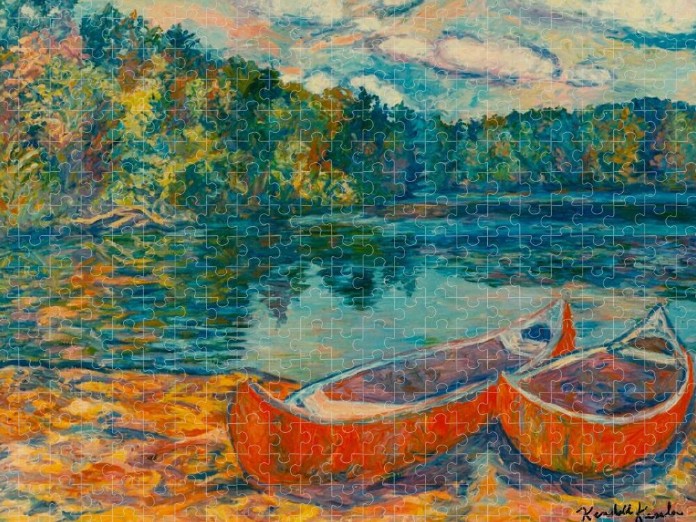 Landscape Jigsaw Puzzle featuring the painting Canoes at Mountain Lake by Kendall Kessler