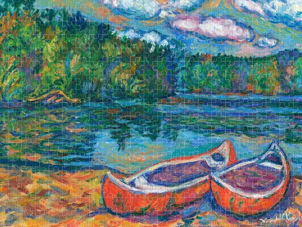 Landscape Jigsaw Puzzle featuring the painting Canoes at Mountain Lake Sketch by Kendall Kessler