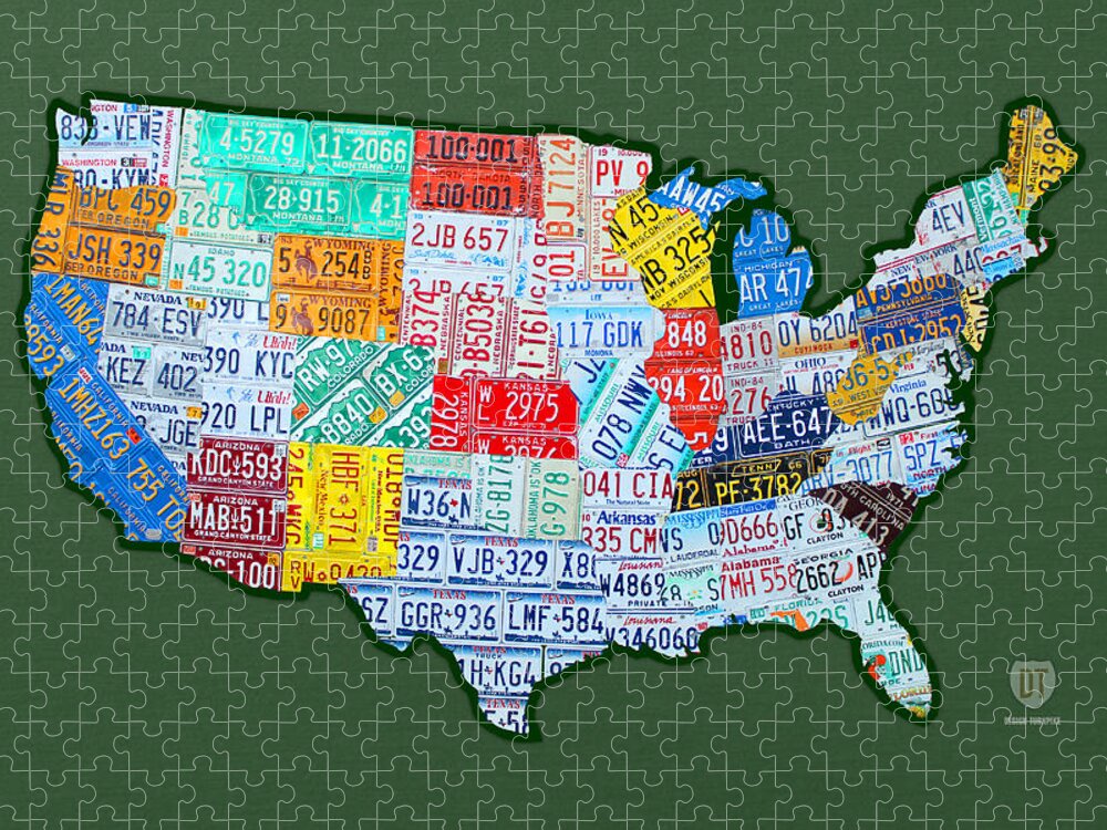 Car Tag Number Plate Art Usa On Green License Plate Map Jigsaw Puzzle featuring the mixed media Car Tag Number Plate Art USA on Green by Design Turnpike