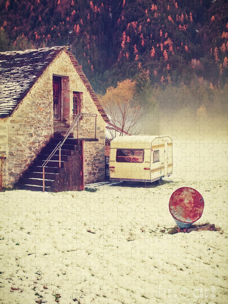 Bin Jigsaw Puzzle featuring the photograph Caravan in the snow with house and wood by Silvia Ganora