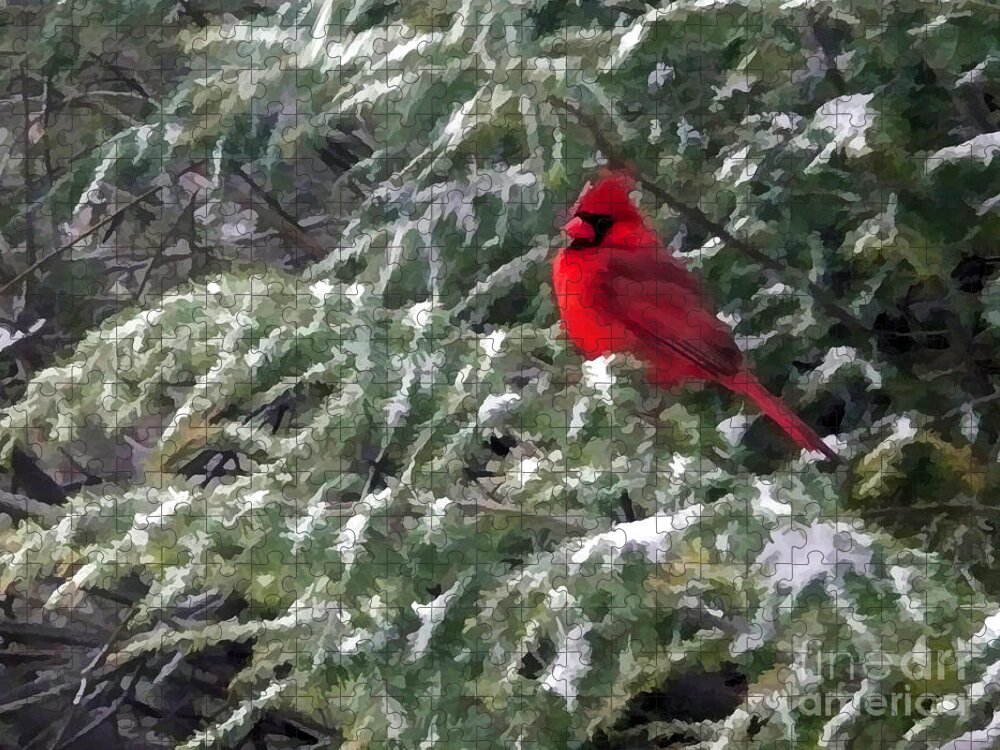 Cardinal Jigsaw Puzzle featuring the digital art Cardinal in Snow by Jayne Carney