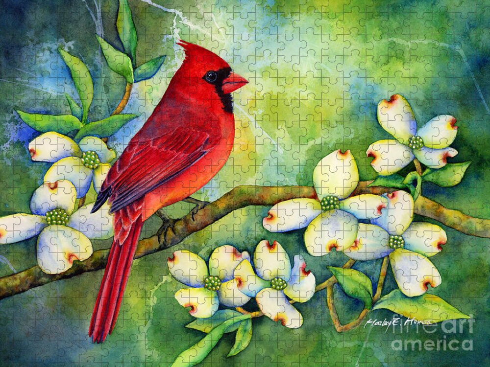 Cardinal Puzzle featuring the painting Cardinal on Dogwood by Hailey E Herrera