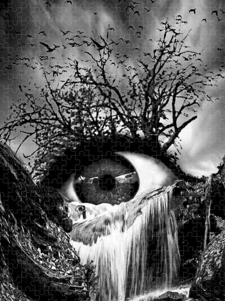 Marian Voicu Jigsaw Puzzle featuring the digital art Cascade Crying Eye grayscale by Marian Voicu