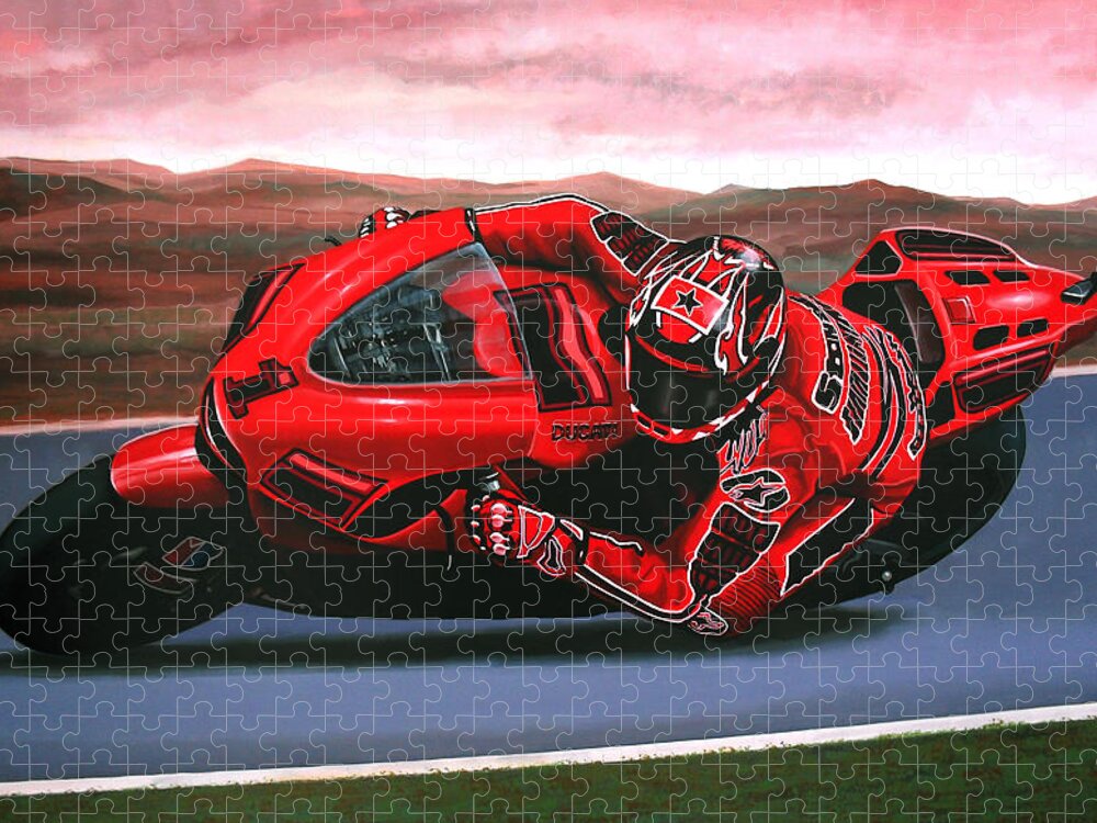 Casey Stoner On Ducati Jigsaw Puzzle featuring the painting Casey Stoner on Ducati by Paul Meijering