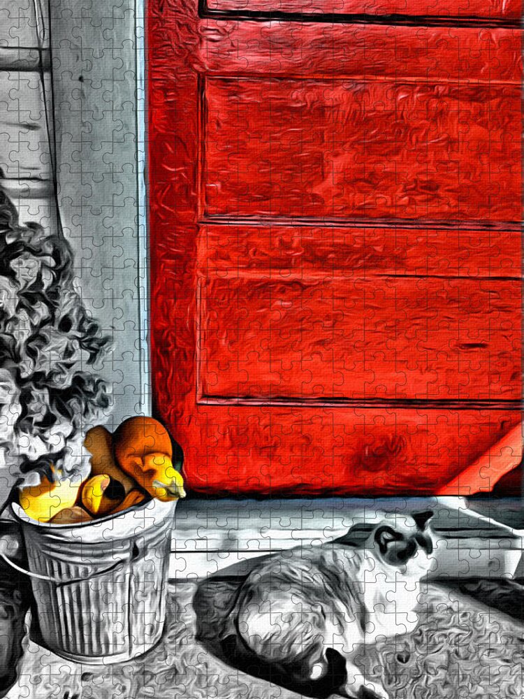 This Shot Just Called Out To Me. I Added An Oil Effect Just To Make It A Little More Artsy. One Of My Popular Gift Cards. Jigsaw Puzzle featuring the photograph Cat by the Red Door by Spencer Hughes