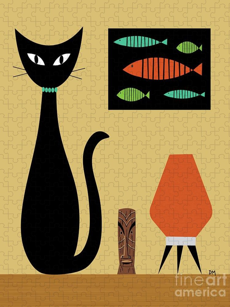 Mid Century Modern Jigsaw Puzzle featuring the digital art Cat on Tabletop by Donna Mibus