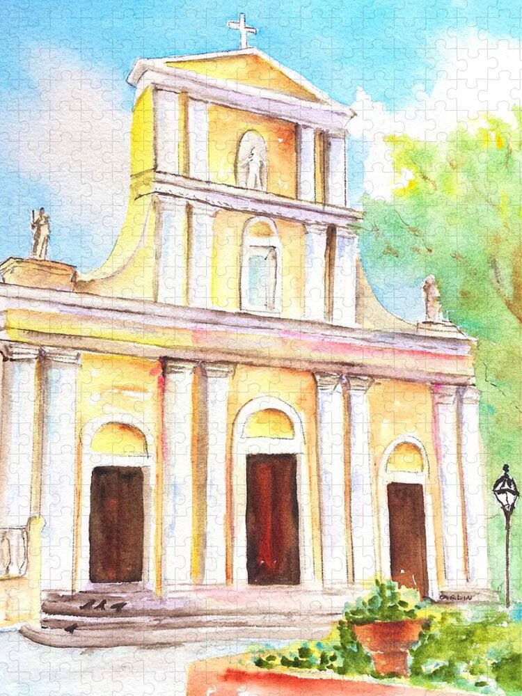 Cathedral San Juan Jigsaw Puzzle featuring the painting Cathedral San Juan Puerto Rico by Carlin Blahnik CarlinArtWatercolor