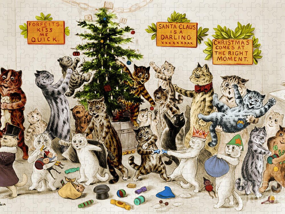Cats Decorating Christmas Tree Wood Print by Louis Wain - Fine Art America
