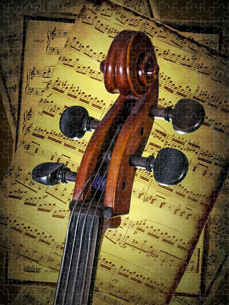 Cello Jigsaw Puzzle featuring the photograph Cello Scroll with Sheet Music by Randall Nyhof