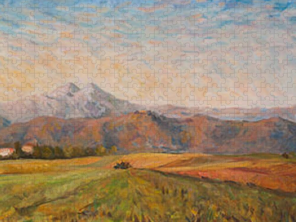 Sunset Hills Italy Color Story Fileds Montain Alps Brinaza Horizon Jigsaw Puzzle featuring the painting Changing light - full view by Marco Busoni