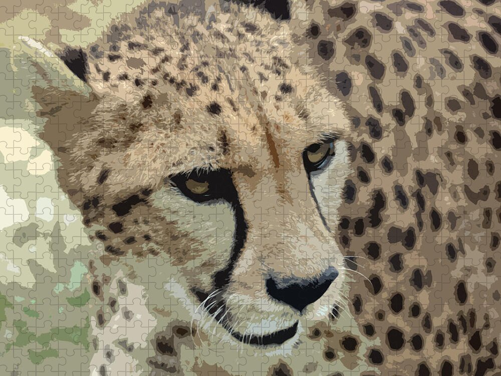 Cheetah Jigsaw Puzzle featuring the digital art Cheetah 3 Quarters Macro Profile Cutout Digital Art Square Format by Shawn O'Brien