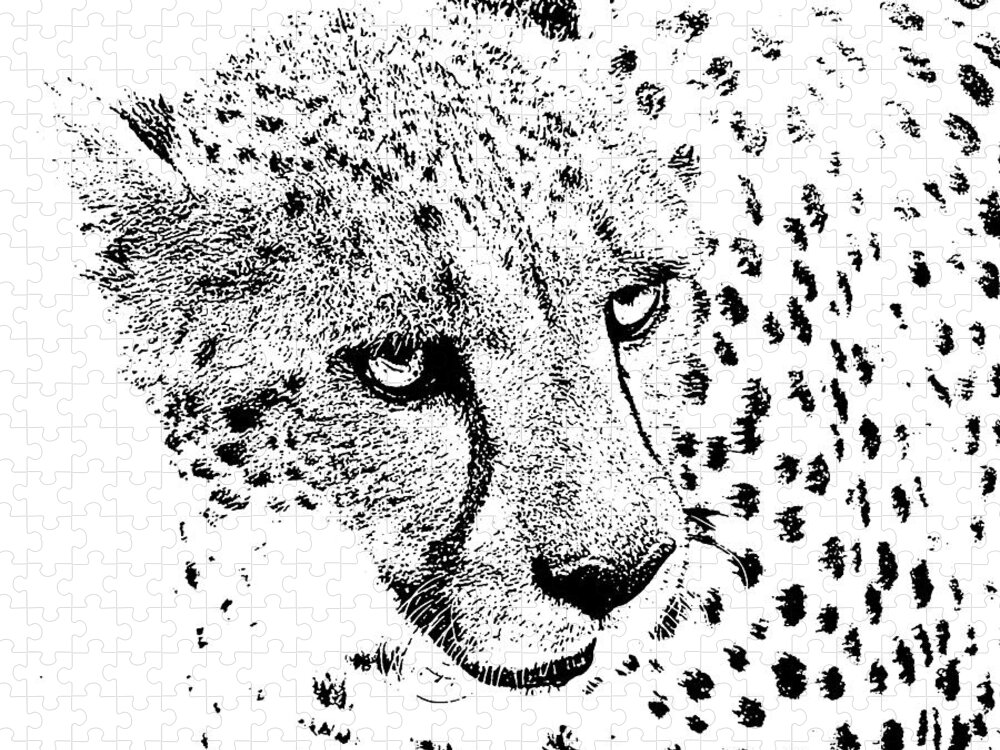 Cheetah Jigsaw Puzzle featuring the digital art Cheetah 3 Quarters Macro Profile Stamp Black and White Digital Art Square Format by Shawn O'Brien