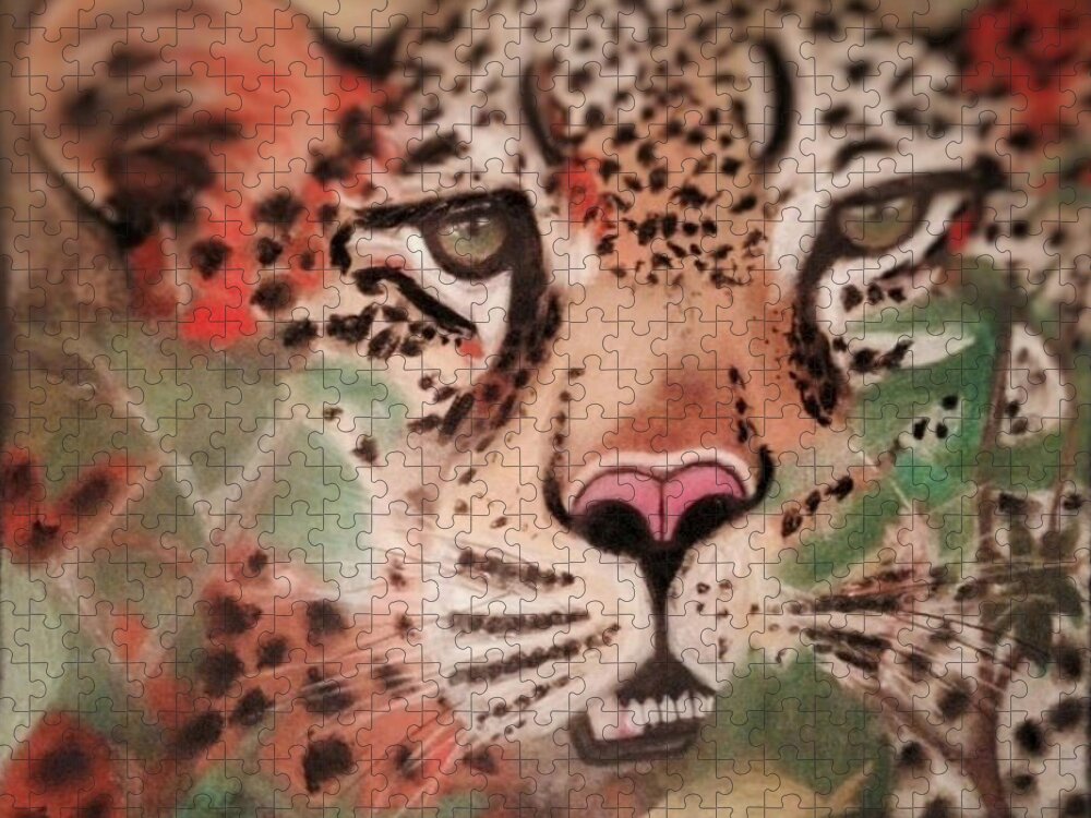 Cheetah Jigsaw Puzzle featuring the pastel Cheetah in the Grass by Renee Michelle Wenker