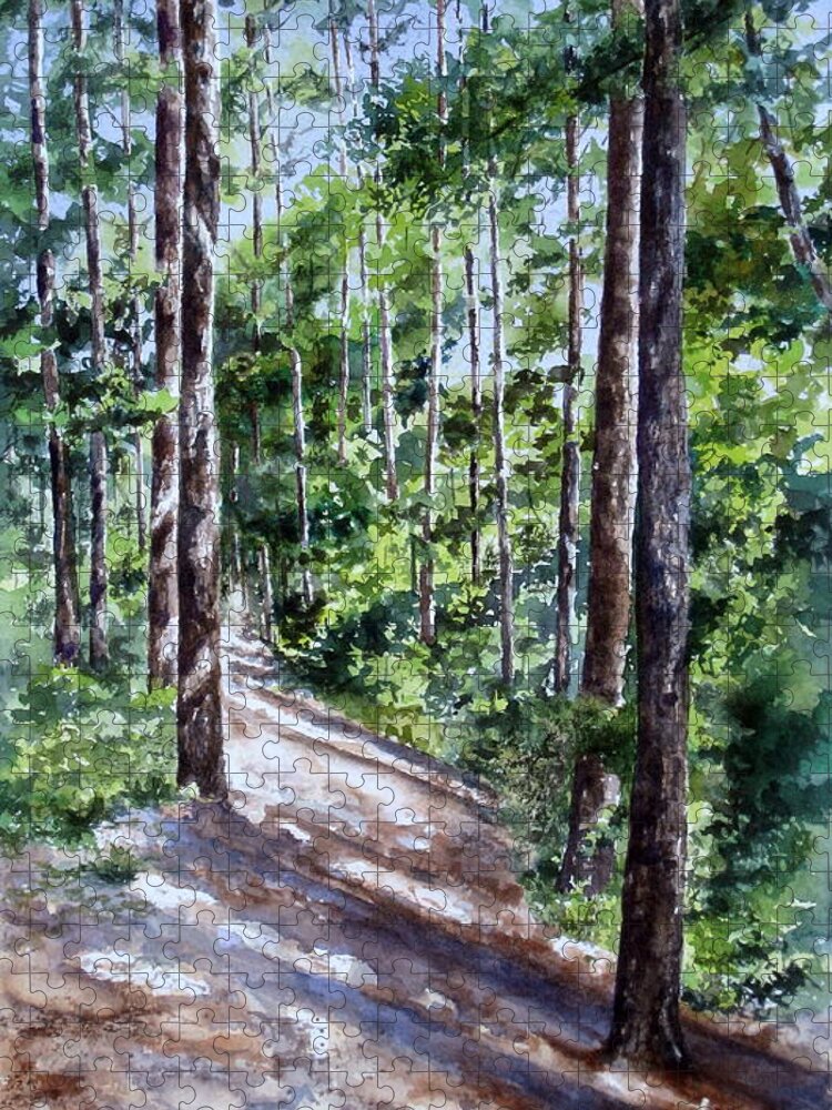 Woods Jigsaw Puzzle featuring the painting Cheraw Trail by Mary McCullah