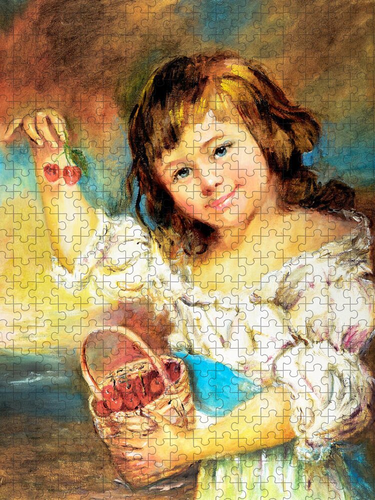 Girl Jigsaw Puzzle featuring the painting Cherry Basket girl by Sher Nasser
