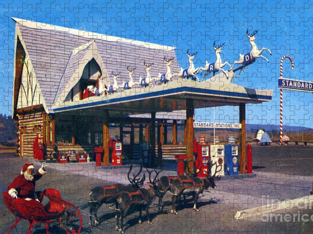 Chevron Gas Station Jigsaw Puzzle featuring the photograph Chevron gas station at Santa's Village with reindeer and Carl Hansen by Monterey County Historical Society