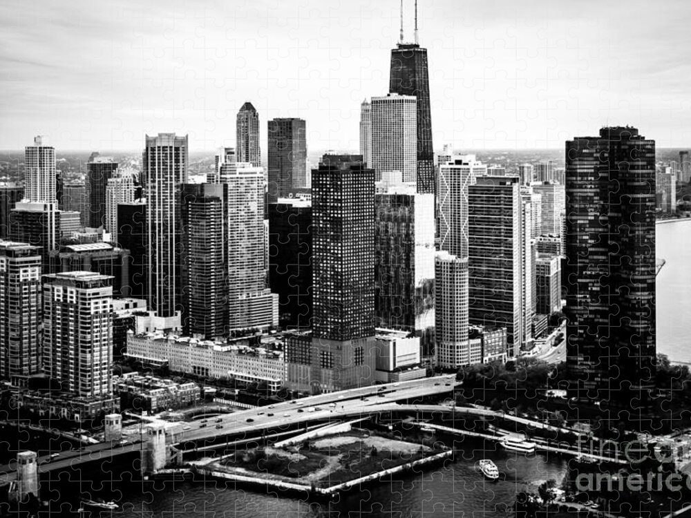 America Jigsaw Puzzle featuring the photograph Chicago Aerial Picture of Streeterville in Black and White by Paul Velgos