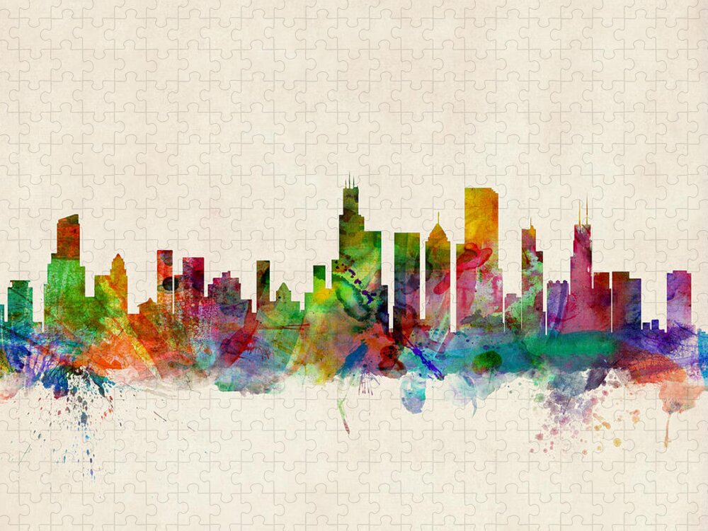Watercolor Skyline Of Chicago Jigsaw Puzzle featuring the digital art Chicago City Skyline by Michael Tompsett