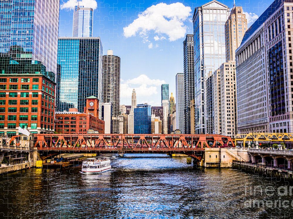 America Jigsaw Puzzle featuring the photograph Chicago Cityscape at Wells Street Bridge by Paul Velgos